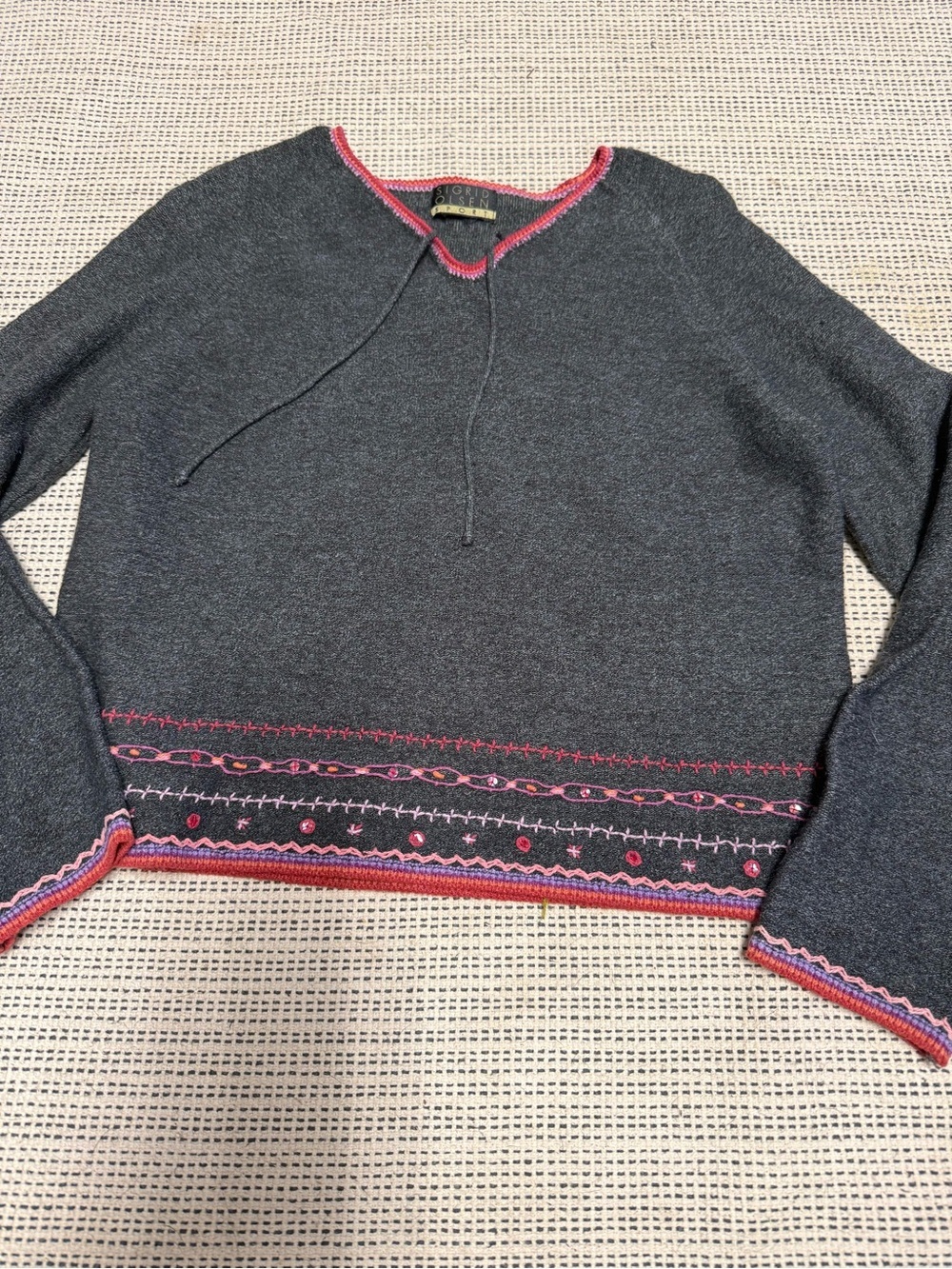 Sigrid Olsen Dark Gray Sweater with Pink and Purple Stitch Trim